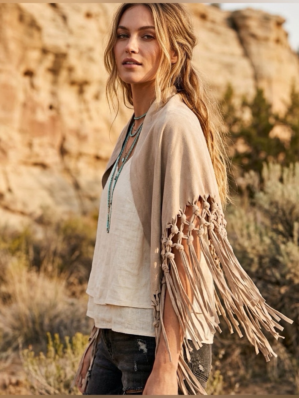 Boho Suede Fringe Shawl Wrap in Beige - One Size - NWT